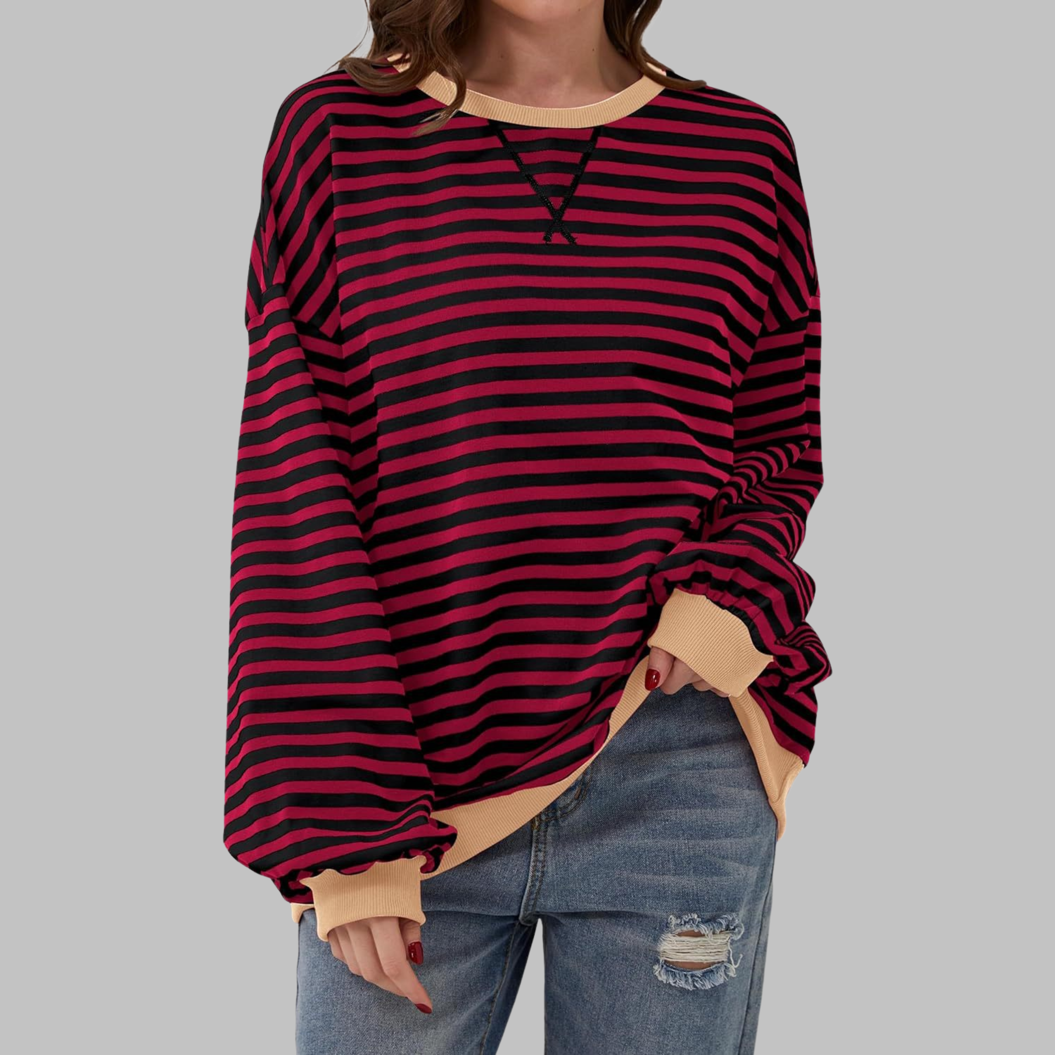 Selma - Casual Long Sleeve Round Neck Striped Sweatshirt