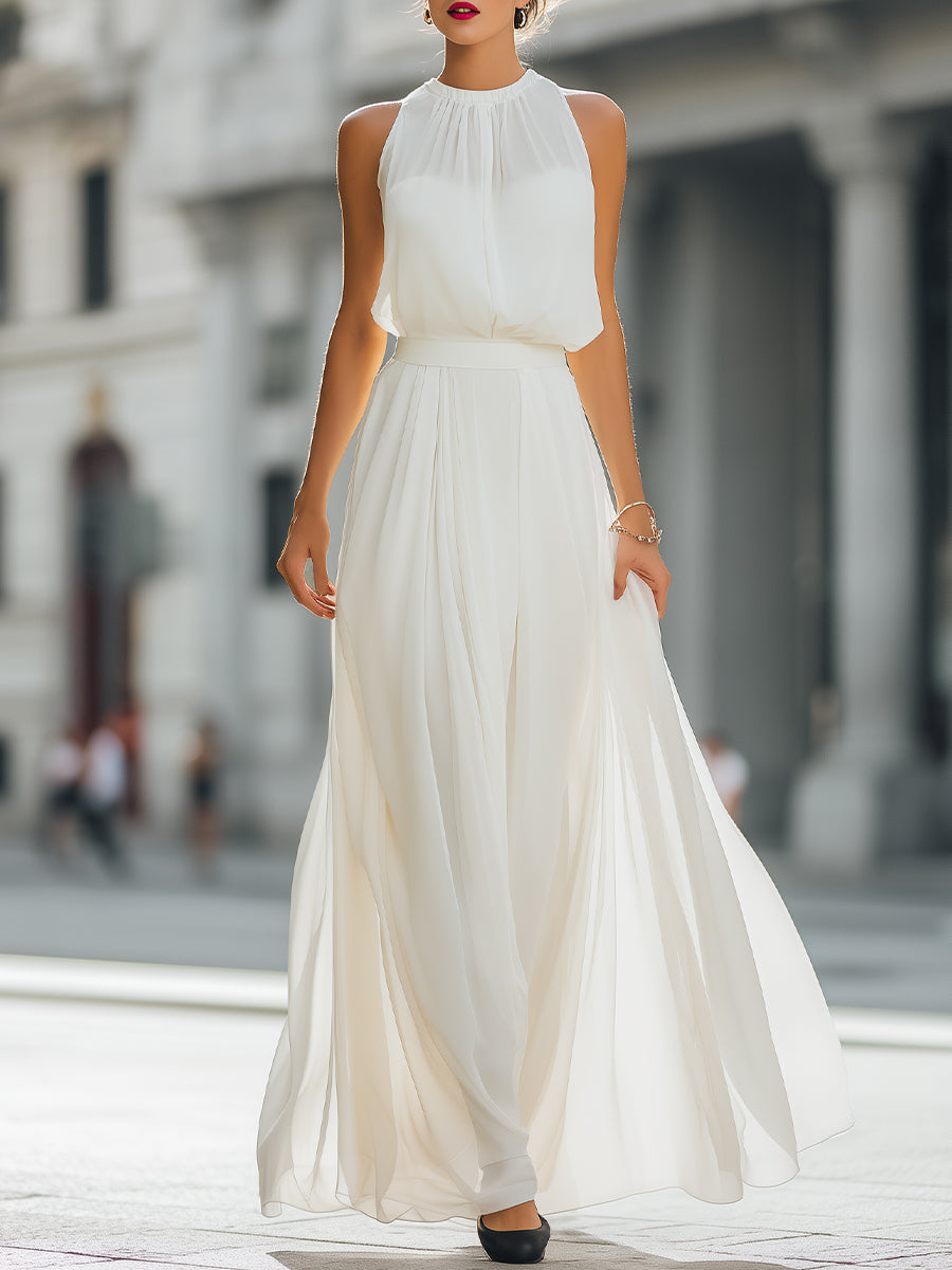 Pleated Halter Neck Maxi Dress with Flowing Skirt