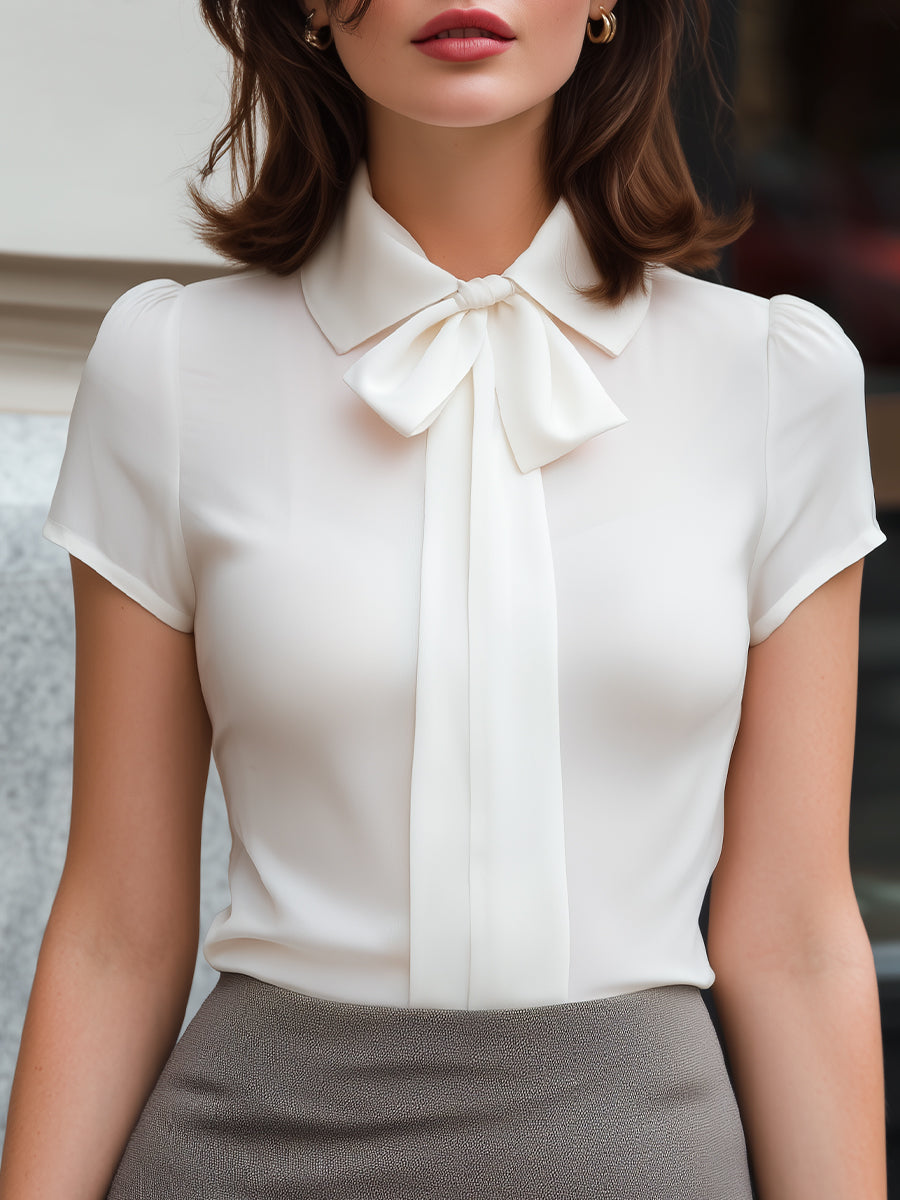 Pointed Collar Bow-Tie Satin Blouse