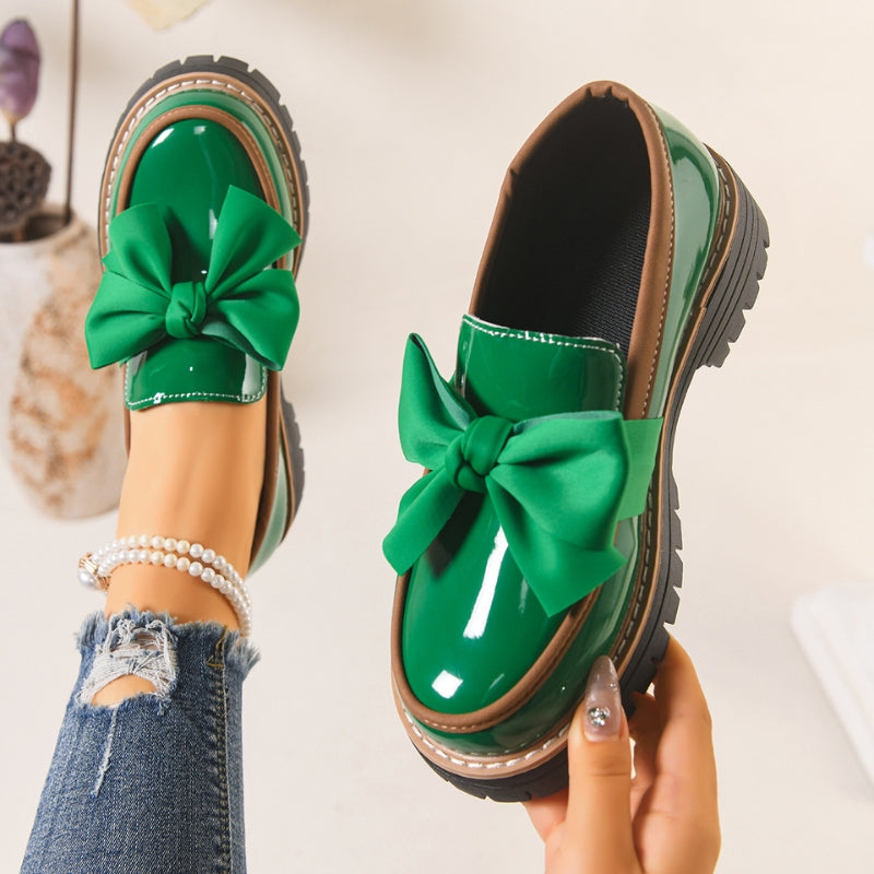 Shiny Green Bowknot Loafers with Chunky Cushioned Sole