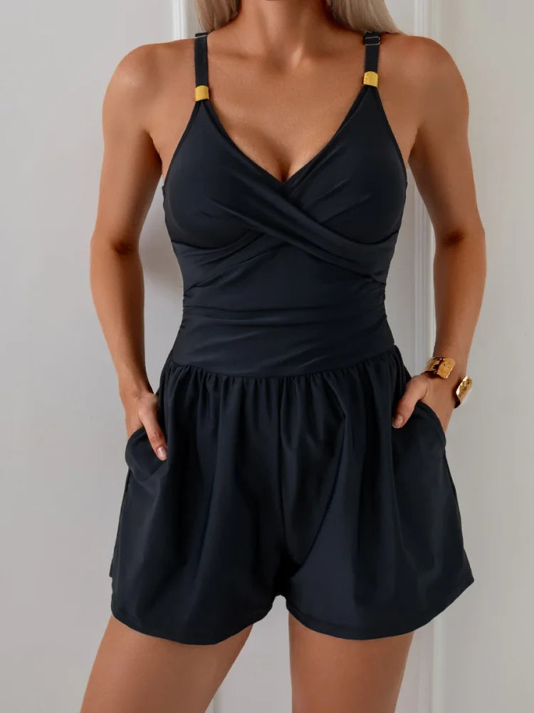 Sloane | Ruched Swim Romper With Pockets