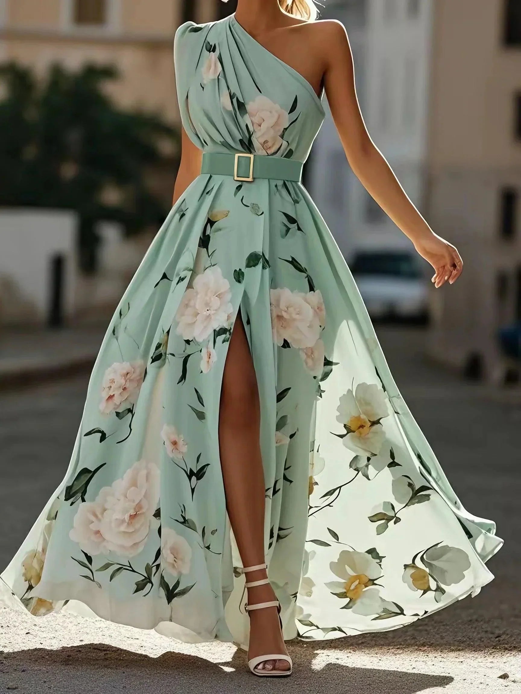 Aurora | light green floral ruched one shoulder a line maxi chiffon dress