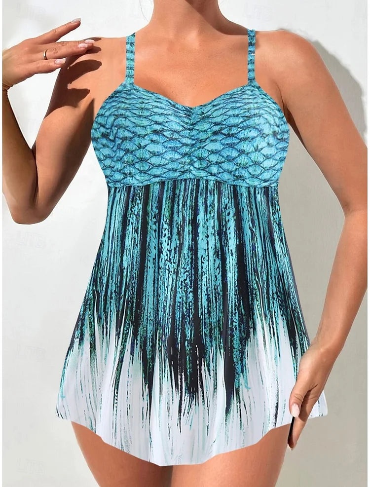 Pearl | Belly-Covering Mermaid Print Swim Dress Set