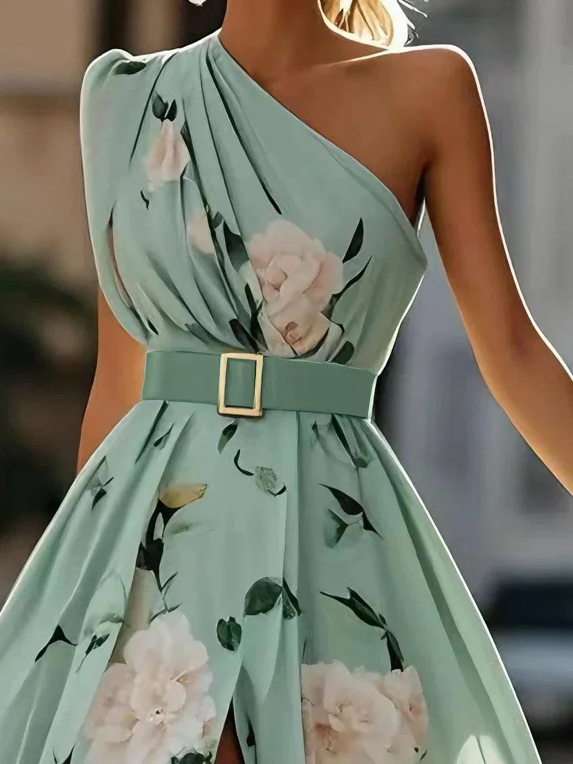 Aurora | light green floral ruched one shoulder a line maxi chiffon dress