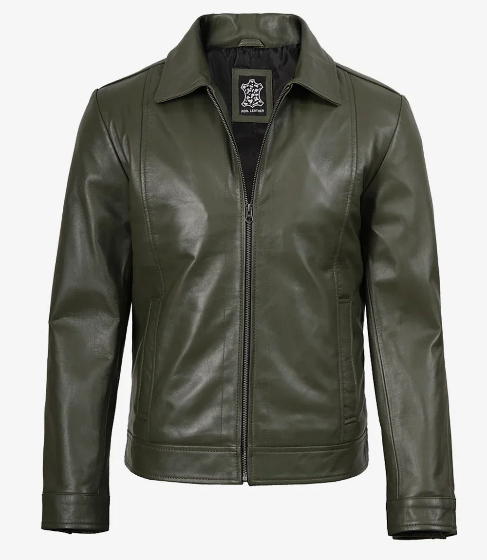 Crawford | Olive Leather Collar Jacket