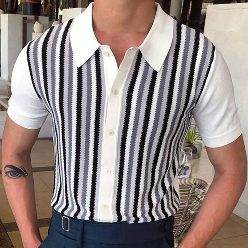 Men’s Retro Knit Polo Shirt | Short Sleeve Button-Up | Soft Stretch Patterned Top