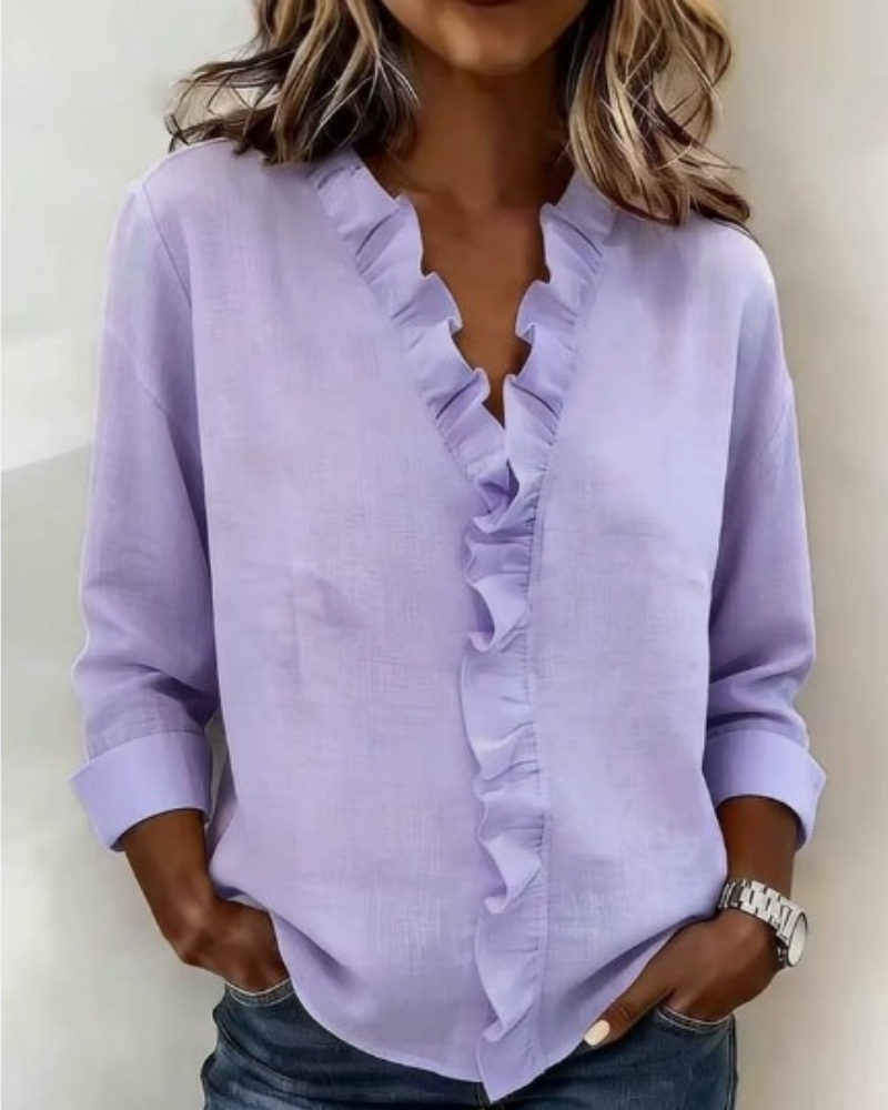 Linda | Blouse with Ruffles, V-Neck and Long Sleeves
