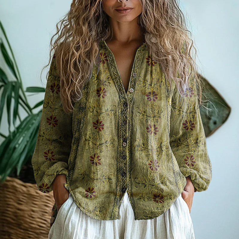 Miranda | Elegant Vintage Leaf Print Shirt