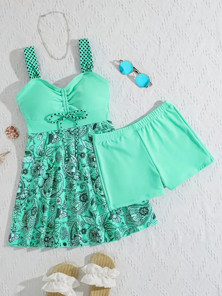 Minty | Belly-Covering Floral Swim Dress Set