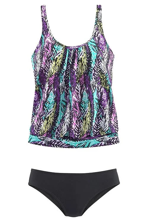 Plume | Belly-Covering Feather Print Tankini Set