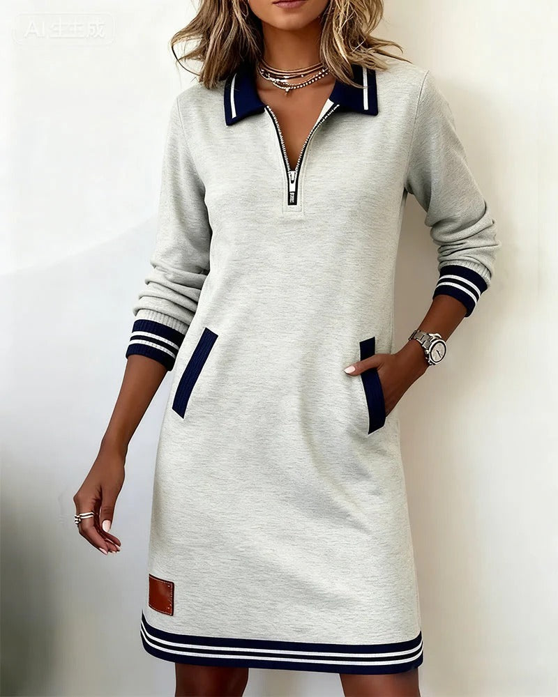 Eliana | Elegant Zip-Collar Striped Midi Dress