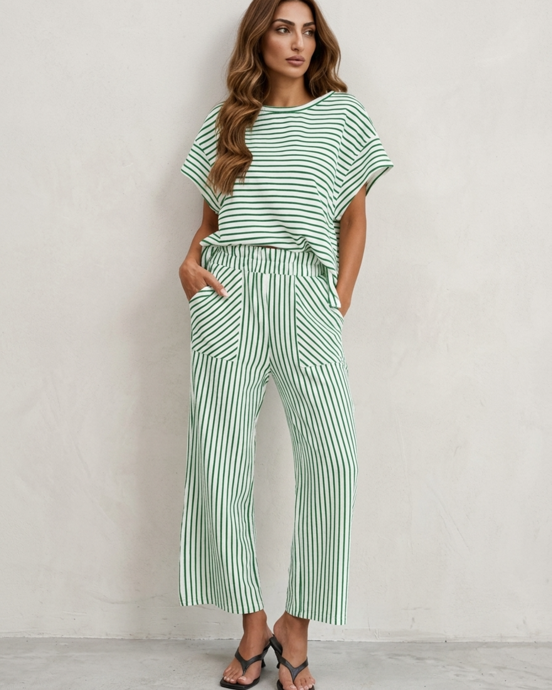 Women’s 2-Piece Set with Striped Batwing Top and Wide Leg Culottes