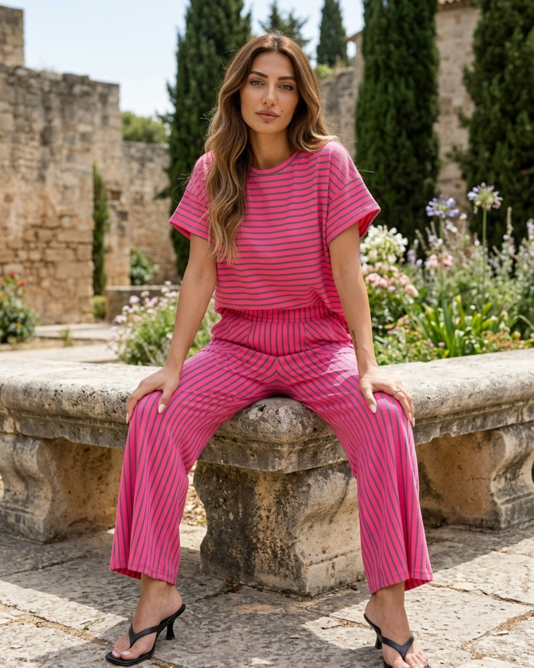 Women’s 2-Piece Set with Striped Batwing Top and Wide Leg Culottes
