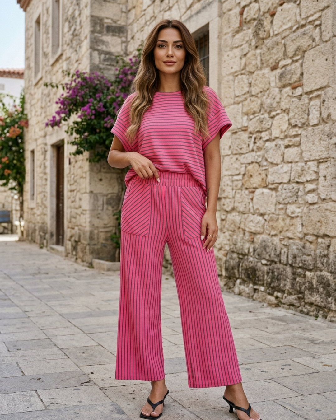 Women’s 2-Piece Set with Striped Batwing Top and Wide Leg Culottes
