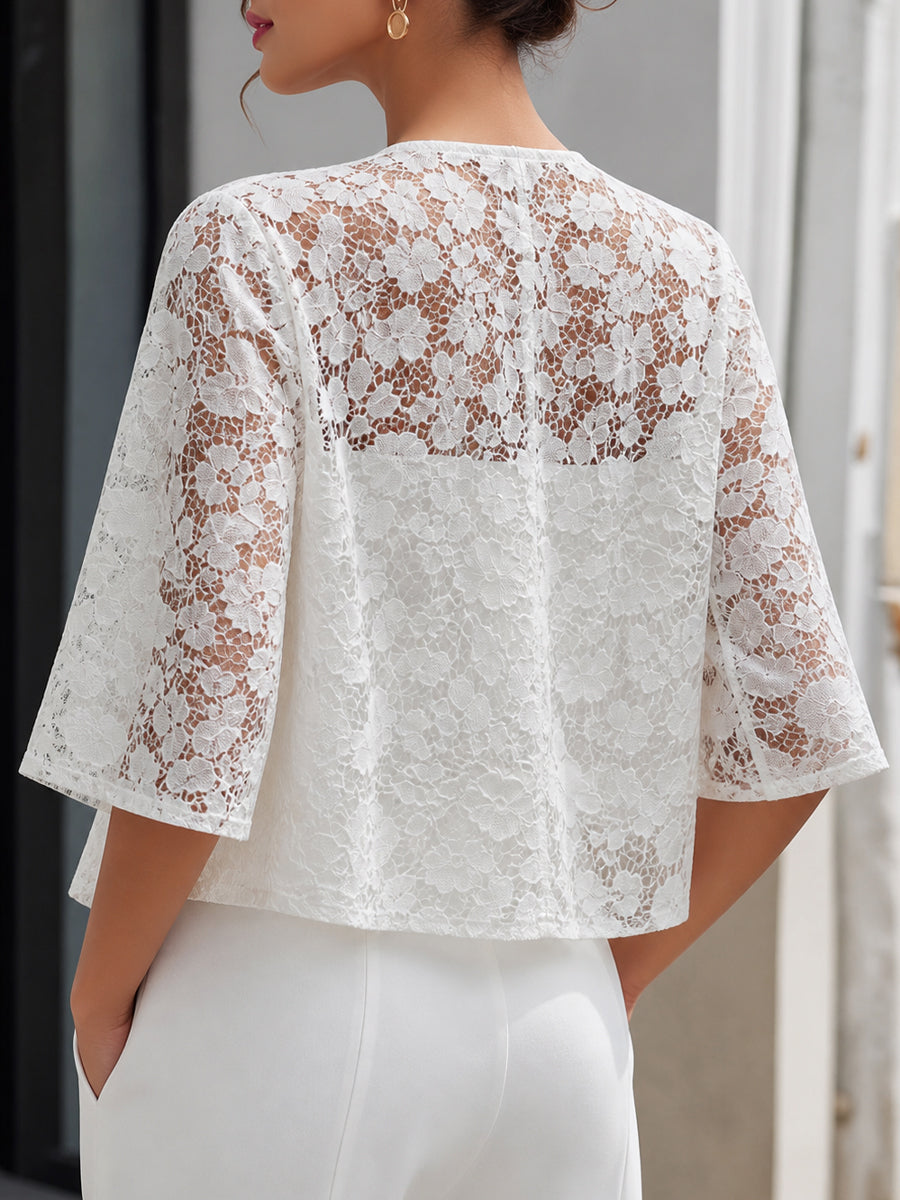 Floral Lace Zip-Front Cropped Overlay Jacket