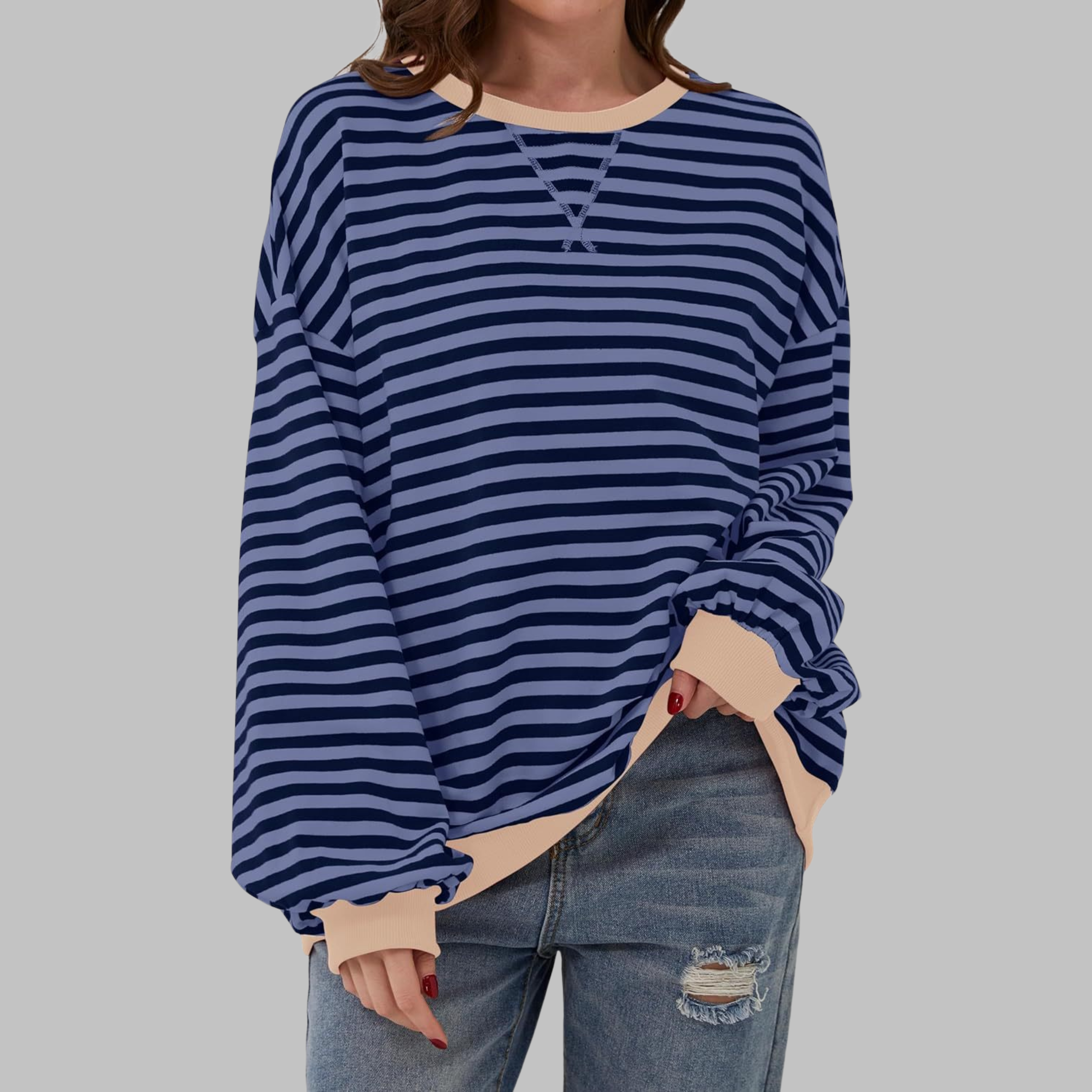 Selma - Casual Long Sleeve Round Neck Striped Sweatshirt