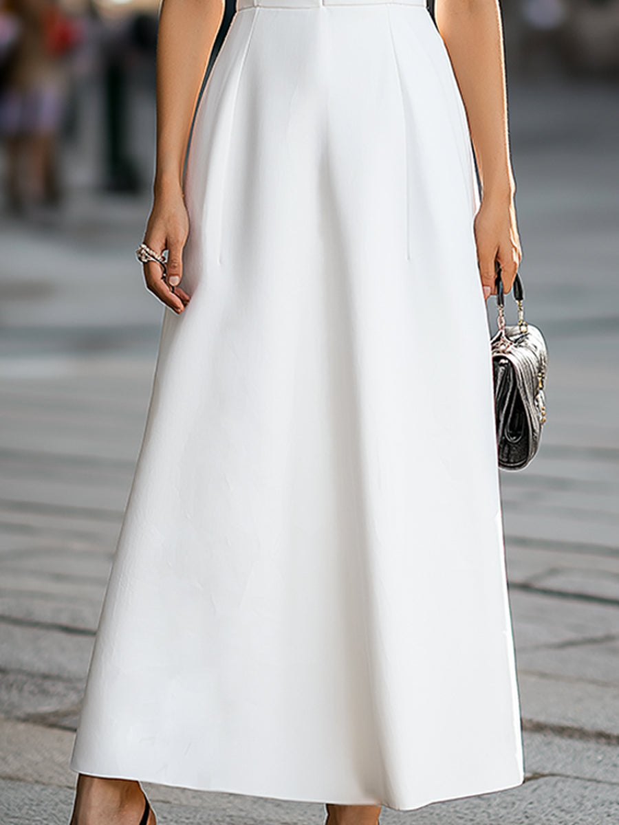Tailored Sleeveless Collared Deep V A-Line Midi Dress