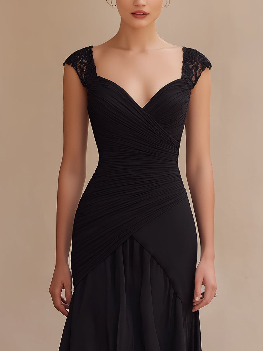 Ruched Lace-Shoulder High-Low Evening Dress