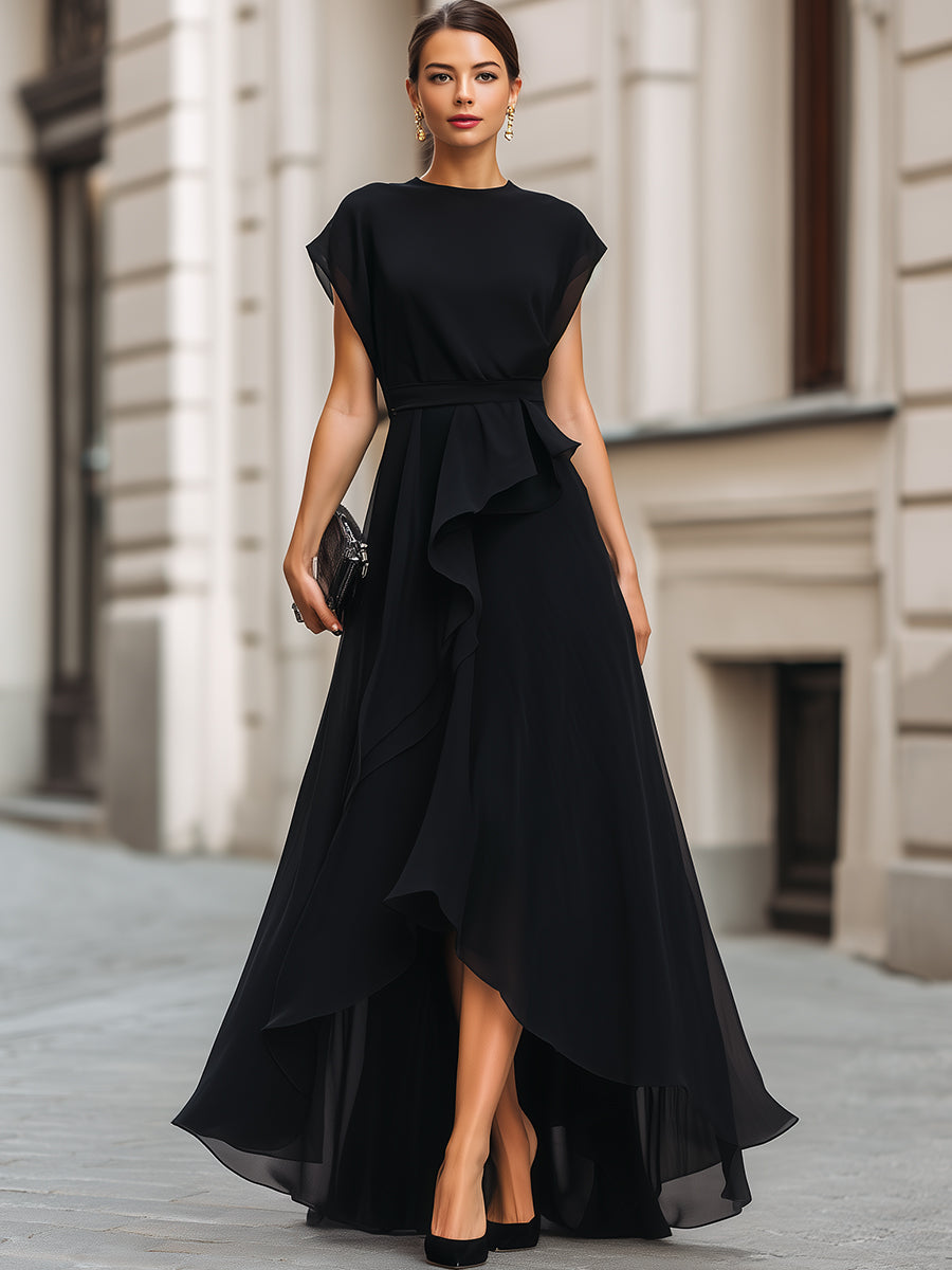 Asymmetric Ruffle High-Low Maxi Dress With Defined Waist