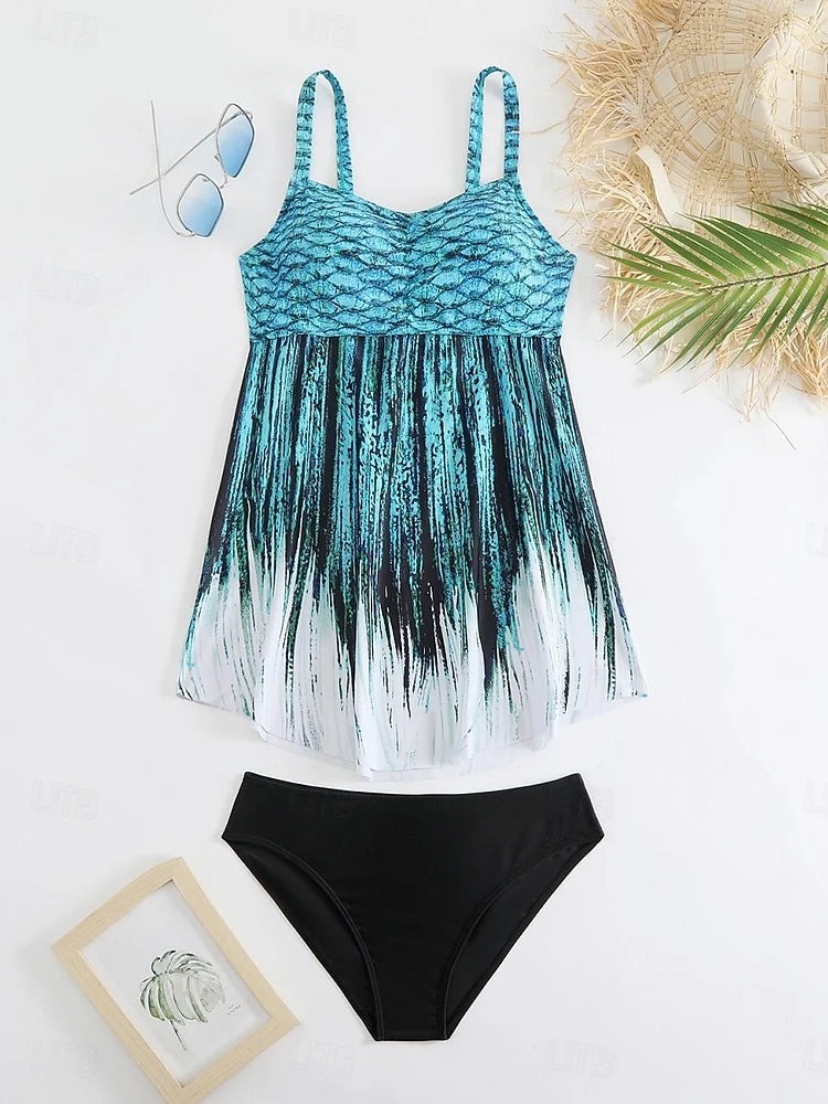 Pearl | Belly-Covering Mermaid Print Swim Dress Set