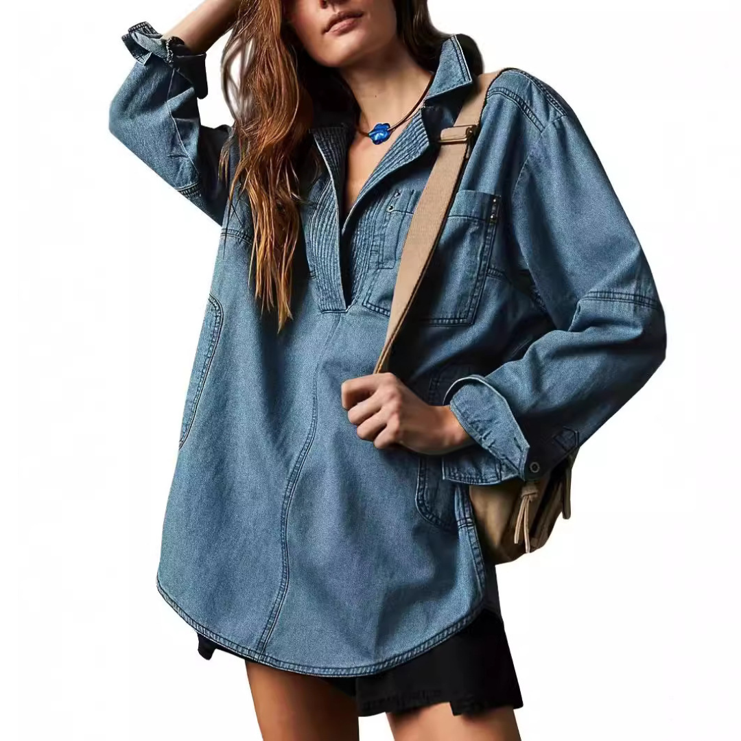 NALINAE™ | Chic V-Neck Denim Tunic Top