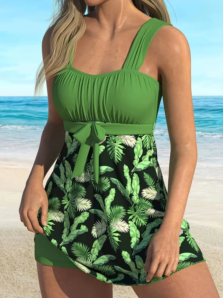 Juniper | Belly-Covering Tropical Leaf Tankini Set