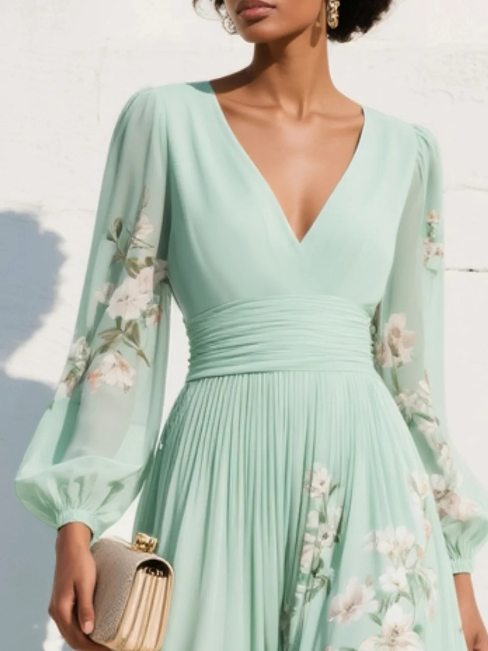 Shay | Light Green V-Neck Chiffon Pleated Floral Midi Dress