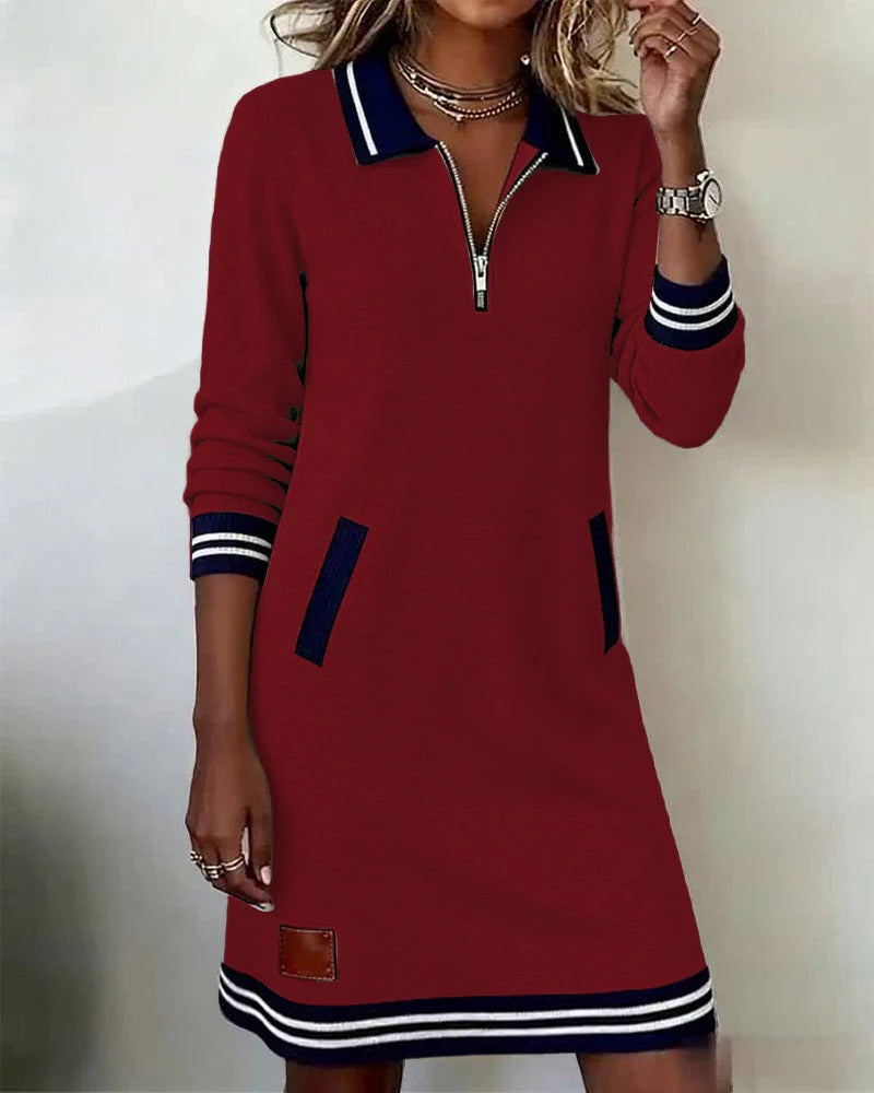 Eliana | Elegant Zip-Collar Striped Midi Dress