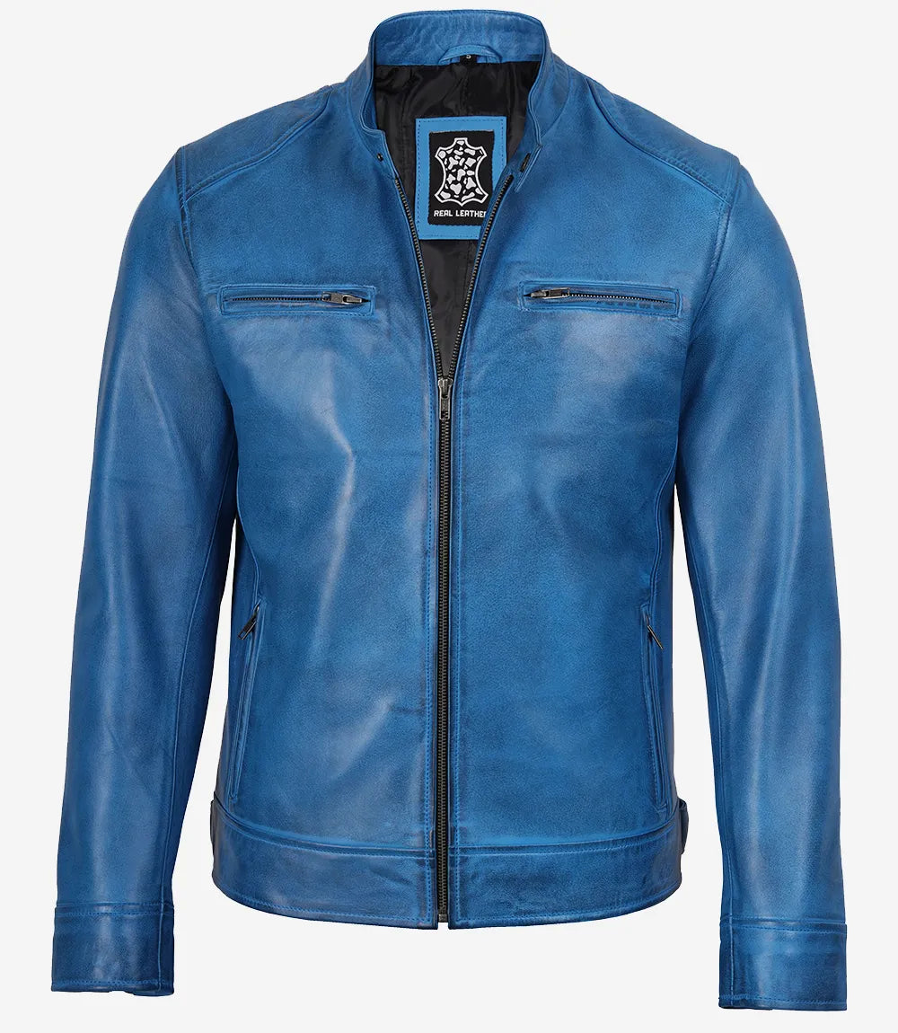 Stewart | Blue Leather Café Racer Jacket