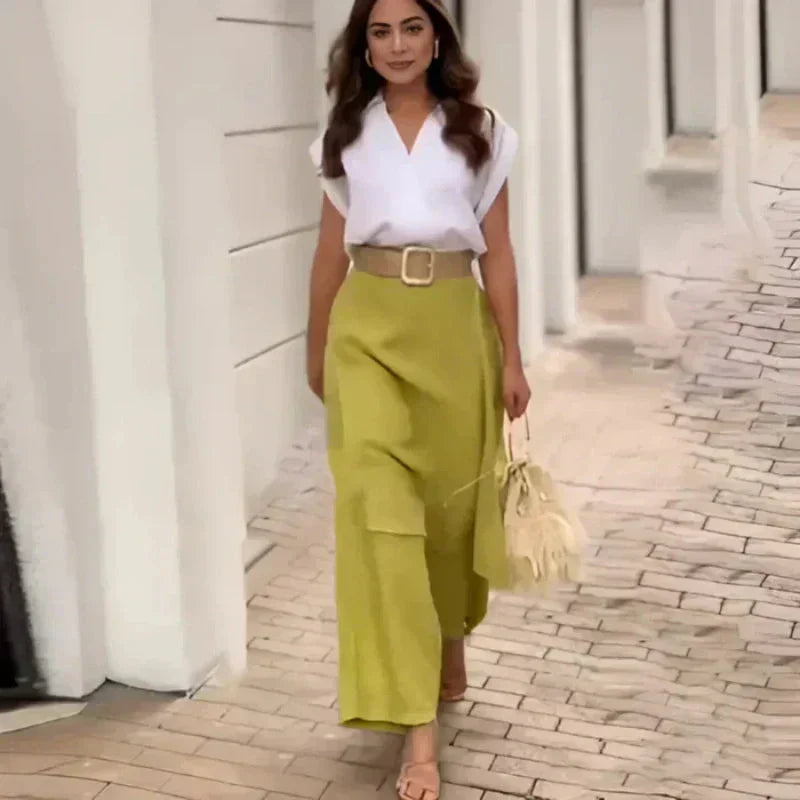 Myla - Women's Elegant Set: V-neck Top and Flared Pants